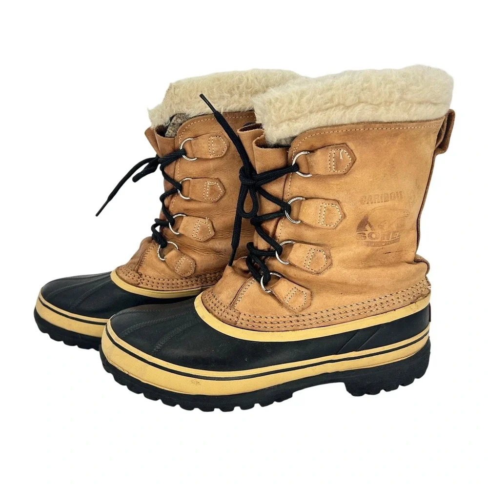 Vtg Sorel‎ Caribou Snow Duck Boots Men's 9 Tan Leather Wool Lined Kaufman Canada